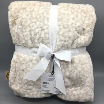 UGG Faux Fur Throw Tan Snow Leopard Print Blanket LAFAYETTE Moondust 50x70  Lux