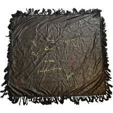 Antique Black Damask Embroidered Piano Shawl Names Birthday Fringe Victorian 44"