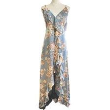 Ever After Hi-Low Ruffle Blue Floral Fairy Maxi Dress Size L Femine Cottagecore 