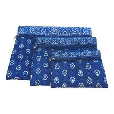 Bueno Quilted Blue Floral Cosmetic Bag Set 3PC Makeup Toiletry Travel Pouch