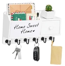  Key Holder Wall Mount, Wooden Mail and Key Organizer with Board Key Rack White