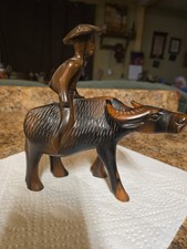 Vintage Handcarved Acacia Wood Water Buffalo Boy Figurine Asian Folk Art 1960s.
