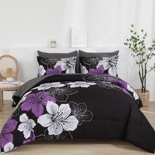 Floral Comforter Set King Size, 7 Pieces Bed in a Bag Purple Floral Comforter
