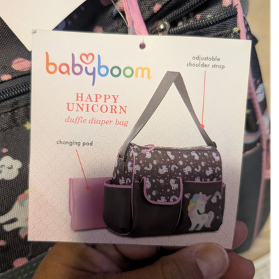 babyboom Happy Unicorn Duffle Diaper Bag Gray/Pink w/ Changing Pad, Strap
