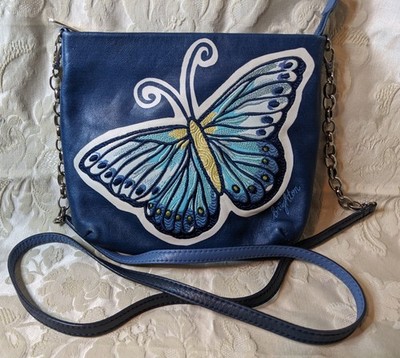Brighton Florableau Embroidered Butterfly Crossbody Blue Leather Chain Strap