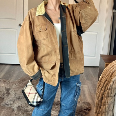 #ad #ad Vtg Y2K Chore Coat Corduroy Collar Distressed Canvas Barn Jacket Sz L Streetwear $50.00