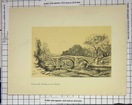 Original Old Antique Print Cromwell'S Bridge Hodder River Tree Rocks