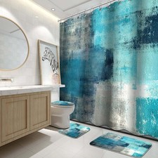 Turquoise Abstract Painting Bathroom Shower Curtain Sets With Rugs 4 PCS