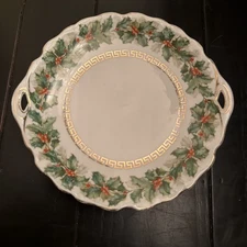 1 KPM Cake Plate Germany Holly & Greek Key W/Handles Scalloped Gold Edge  10”
