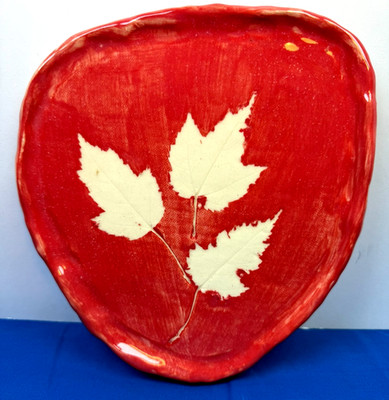 Signed Studio Pottery Red Leaf Dish Handcrafted Ceramic Plate 7.25 Inch