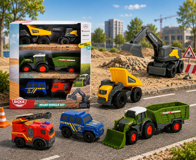 Dickie Toys Micro City Team   5-teiliges Fahrzeug-Set mit Polizei, Feuerwehr, Tr
