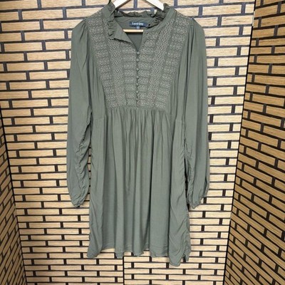 Laurel Grey Olive Green Embroidered Dress Size Medium