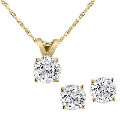 1/2 kt Diamant Solitär Halskette & Ohrstecker Set 14 Karat Gelbgold