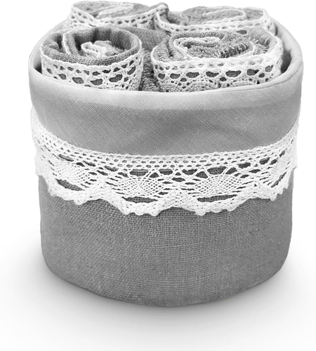 Lovely Shabby Cestino Ricamato Con 4 Lavette Raffinate (Grigio) - Foto 6 di 12