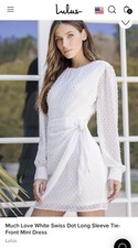 Lulu's Much Love White Swiss Dot Long Sleeve Tie Front Mini Dress Size Medium