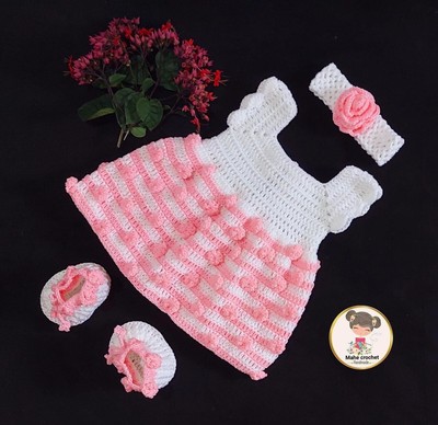 0-3 Month Hand Made Crochet Soft Wool Pink Cute Baby Doll frock costume set