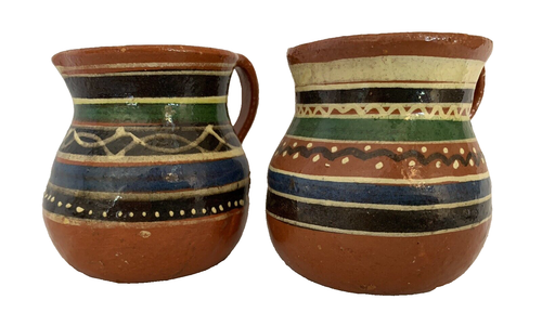 Mexican Terracotta Pitcher Lot of 2 Hand Painted Handle Blue Stripe VTG 3.5" H - Picture 2 of 10