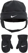 NIKE Toddler Unisex Swoosh Trapper Hat & Mittens Set Anthracite Black 2T-4T NEW