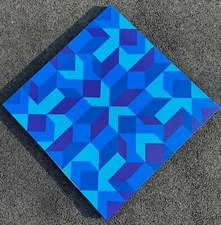 Vintage 70s Blues Geometric Hard Edge Painting Modern MCM Mid Century Art Signed