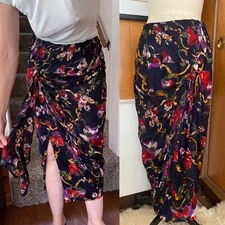 VTG Jan Barboglio Sash Slit Midi Skirt Sz 4 approx floral print black Rayon