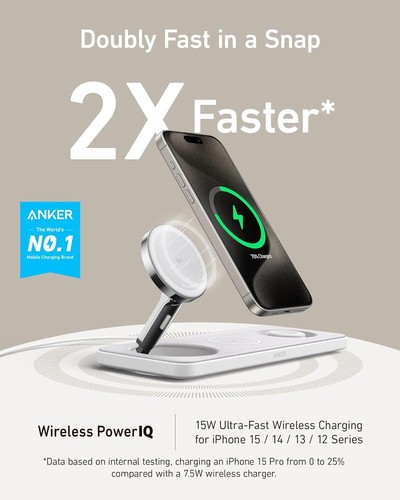 Anker Station de Charge Sans Fil 3 en 1 15W Certifiée Qi2 Chargeur Pliable Pad - Photo 9 sur 13