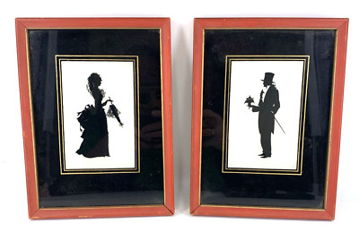 Silhouette Painting on Reverse Domed Glass Pictures of Couple Victorian Lot of 2