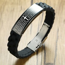 Mens Stainless Steel Black Cross Silver English Bible Lords Prayer Link Bracelet