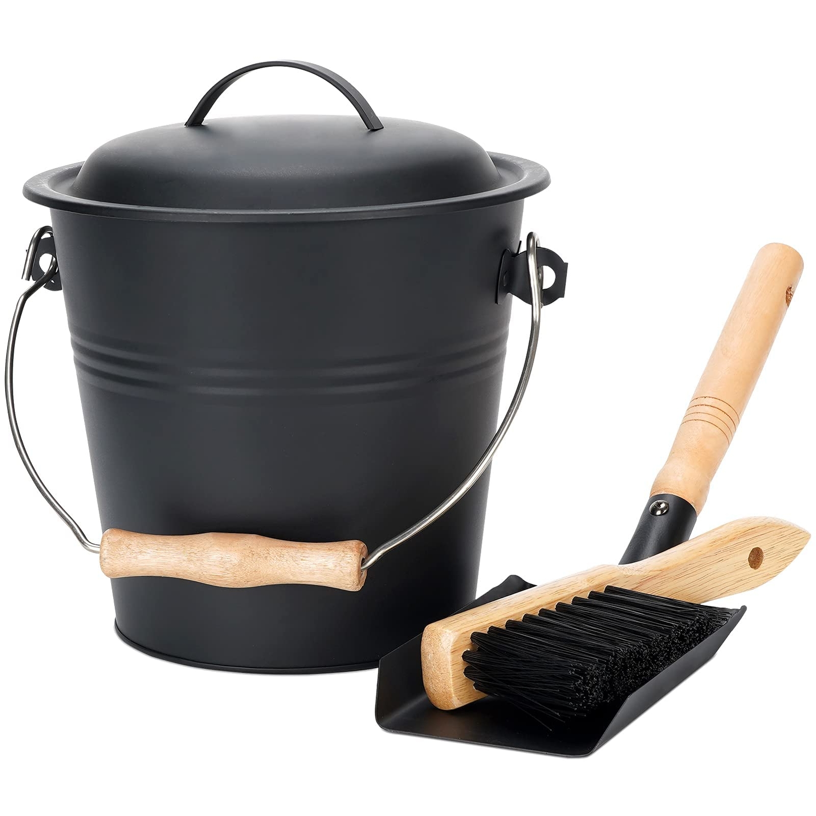 1.5-Gallon Metal Ash Bucket with Lid, Shovel, Broom - For Fireplaces, Wood St...