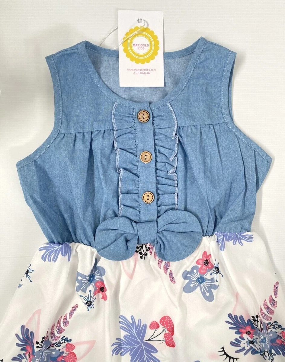 Girls dress strawberry unicorn blue chambray dress