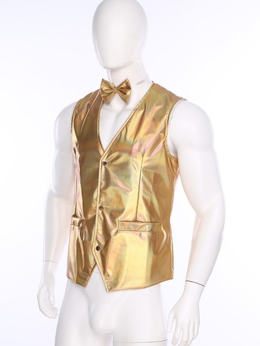 Mens Waistcoat Slim Fit Costume Christmas Vest Pointed 70s Halloween V-Neck Tie - Picture 80 of 188