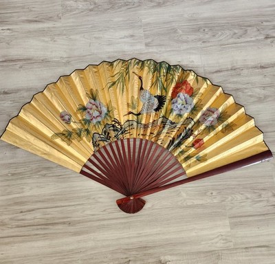 Vintage Japanese Style Gold Leaf Wall Fan 53''x 30'' Hand Painted Cranes & Peonies