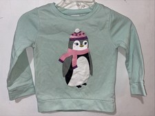 Old Navy Sweatshirt Girls 5T Aqua Penguin Graphic Long Sleeve Crewneck