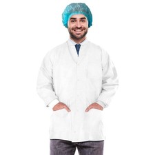 White Disposable Lab Jackets SMS Snap Front Knit Cuffs 100 Pack Large 31 in