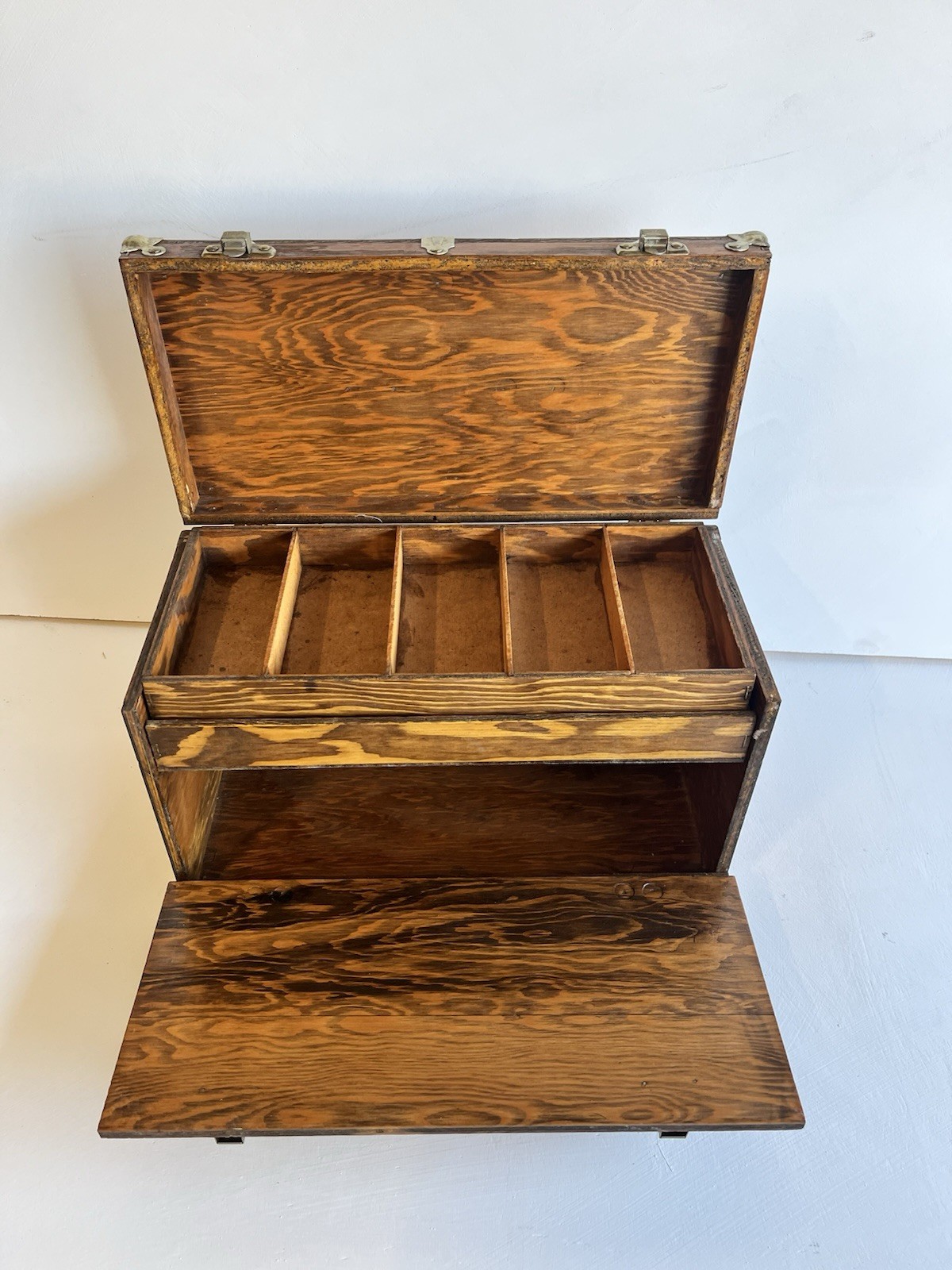 Vintage Oak Wooden Tool Chest Drop Front Storage Box Metal Corners Tray Handles