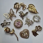 Vintage Romantic Brooch Lot 11 Pcs Gold Tone Flowers Birds Butterflies Bows