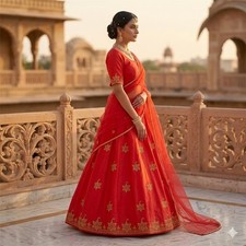 Sanskriti Vintage Red Pure Silk Unstitch Lehenga Antique Hand Embroidery Zardozi
