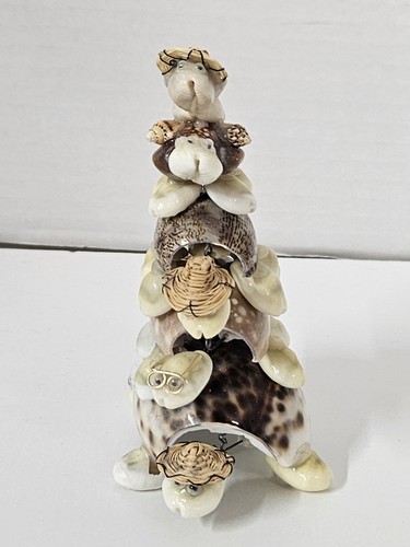 Statuina famiglia tartaruga conchiglia vintage fatta a mano impilata decorazione spiaggia costiera - Foto 3 di 7
