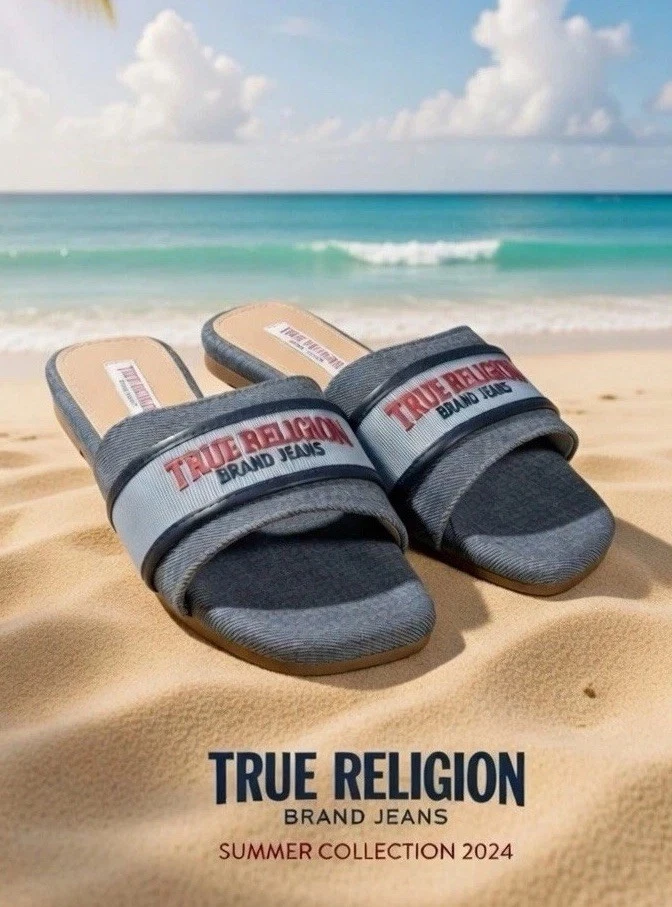 True Religion Denim Blue Remy Logo Band Sandal Women’s Size 9