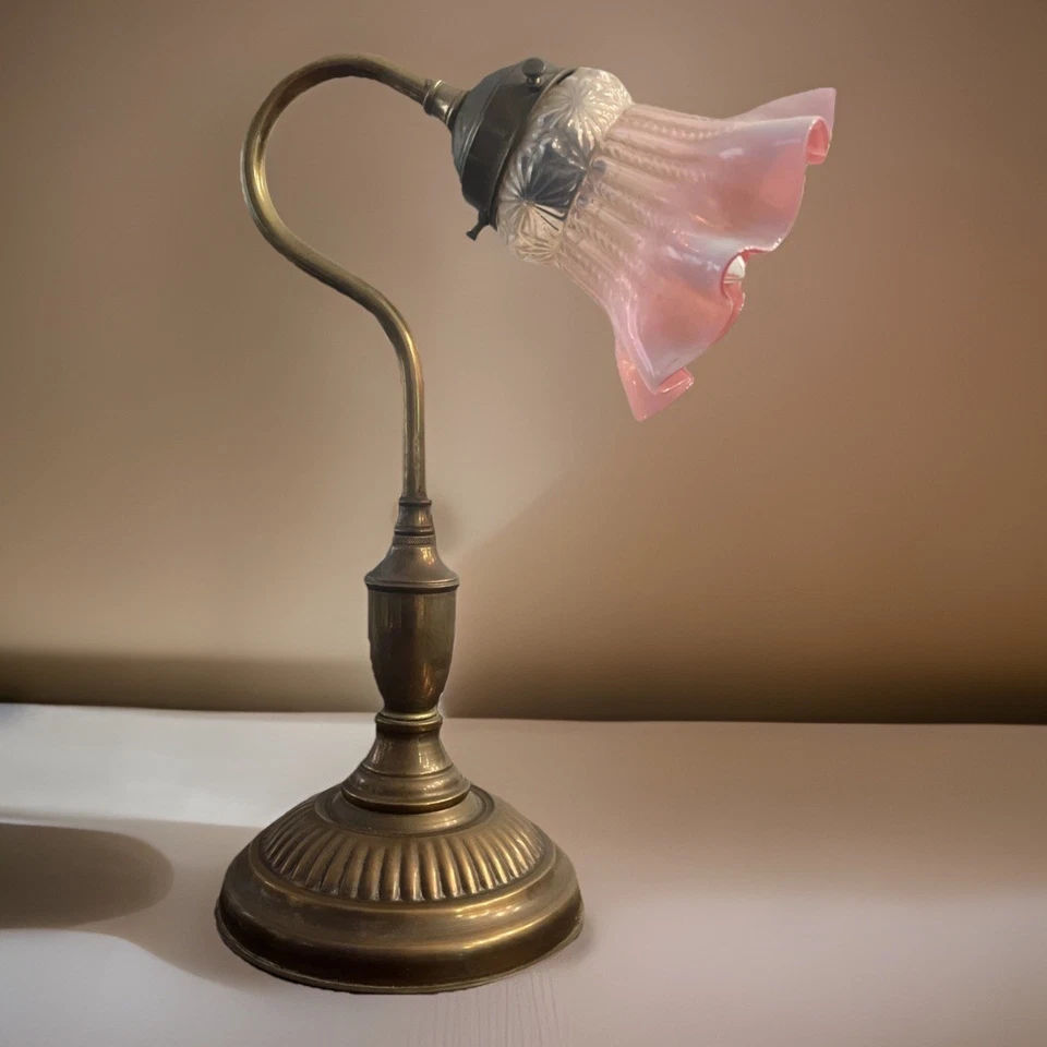 Lâmpada de leitura vintage art déco bronze fundido pesado com vidro tulipa sombra urânio 1900-1940 - Imagem 4 de 4