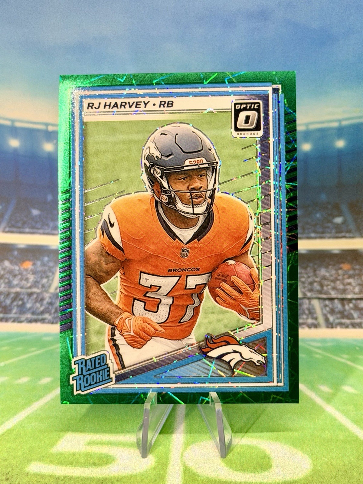 2025 Donruss Optic RJ Harvey #208 Green Velocity Lazer Prizm Rookie RC Broncos