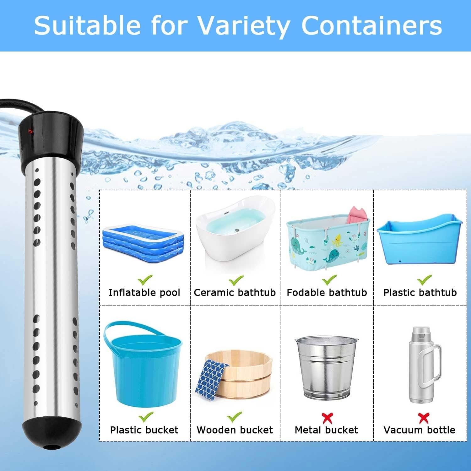 Immersion Water Heater, 2000W Portable Electric Water Heater for Inflatable P...