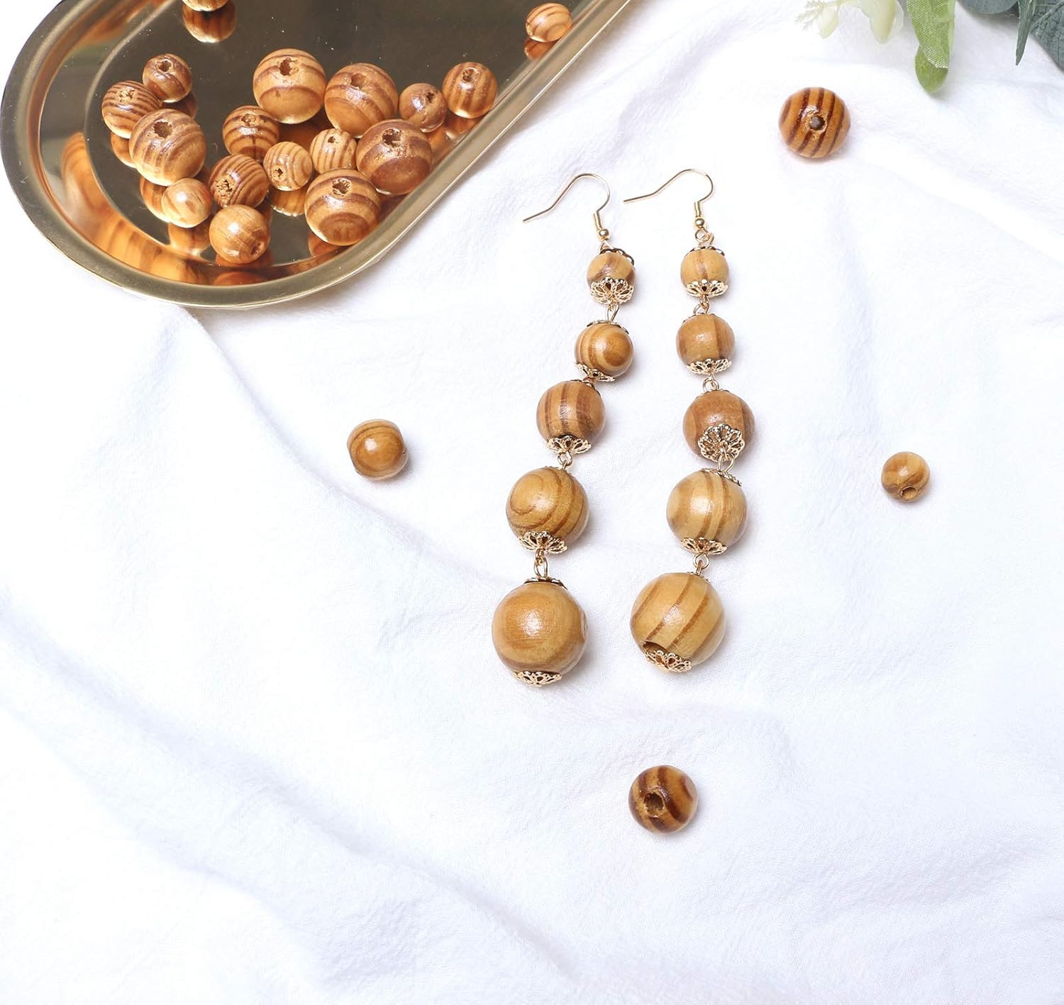 300Pcs 10mm Natural Round Striped Wood Beads Light Brown Assorted Wooden Loose S