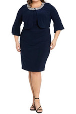 NWT R M Richards Sheath Dress  Bell Sleeve Crop Jacket W/Pearl Neck 16W Navy
