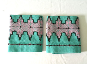 TWO MATCHING HUCK WEAVE SWEDISH EMBROIDERY TOWELS, TURQUOISE, PINK