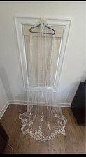 White Cathedral Length Wedding Veil - Net Tulle with Lace Applique Edge