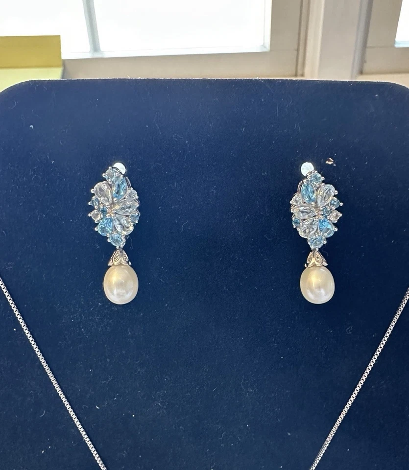 Colar de coração azul Swarovski prata esterlina, brincos de gota combinando, 925 (N) - Imagem 2 de 4