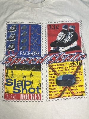 Vintage Speed Skates Ice Hockey Slap Shot Stamps White Shirt Size Medium