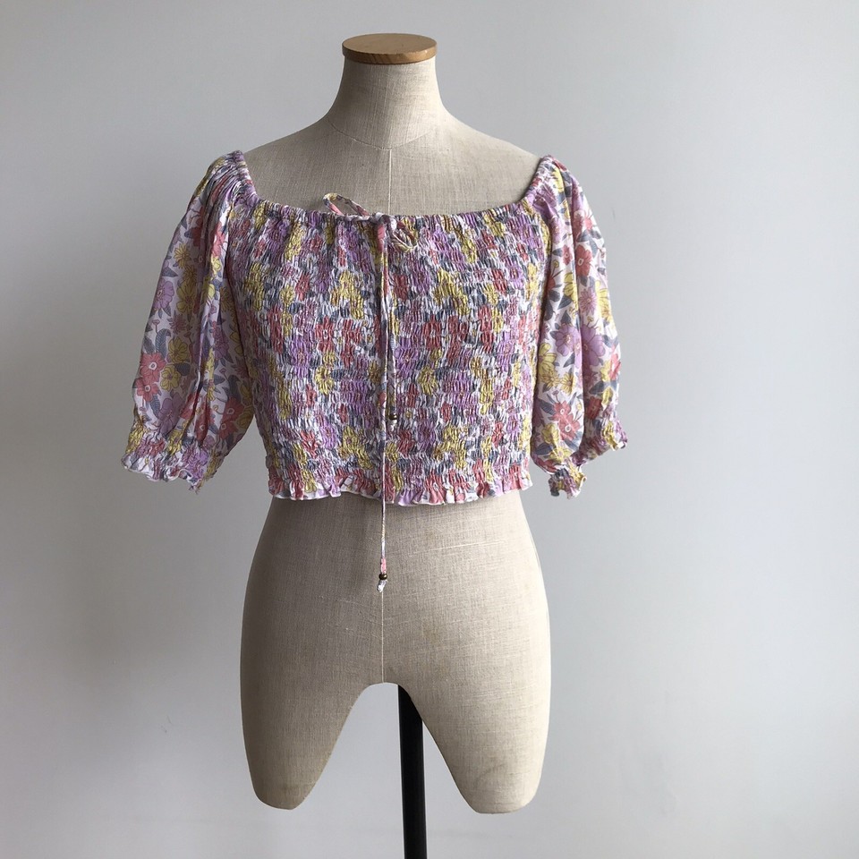 NWT Saffron Road Floral Print Elastic Ruched On Off Shoulder Top Size S ...