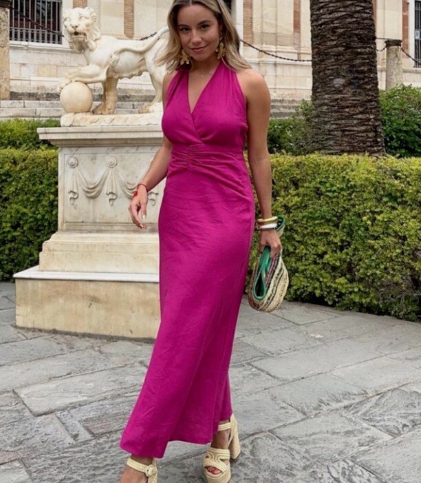 Zara Dress Pink Midi Wedding Races Summer Medium Linen Holiday Backless RARE