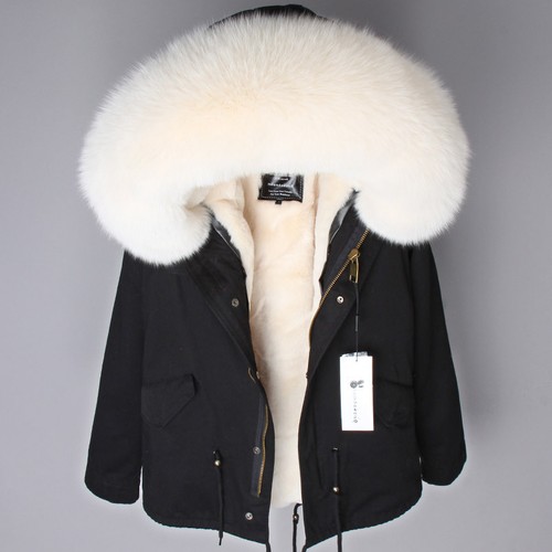 Women's Large Fox Fur Fluffy Coats Collar Hood Winter Warmer Jackets Short Parka - Picture 27 of 44
